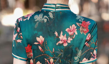 Women's Green Floral Silk Qipao Cheongsam Dress – Maxi – additional product view