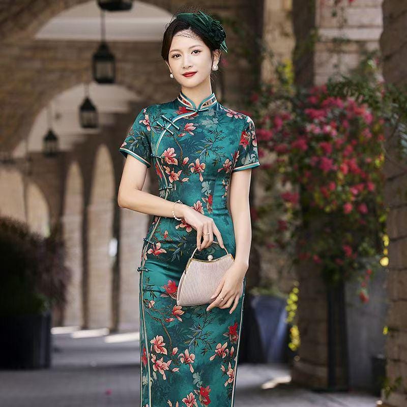 Women's Green Floral Silk Qipao Cheongsam Dress – Maxi – additional product view