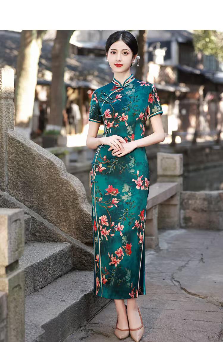 Women's Green Floral Silk Qipao Cheongsam Dress – Maxi – additional product view