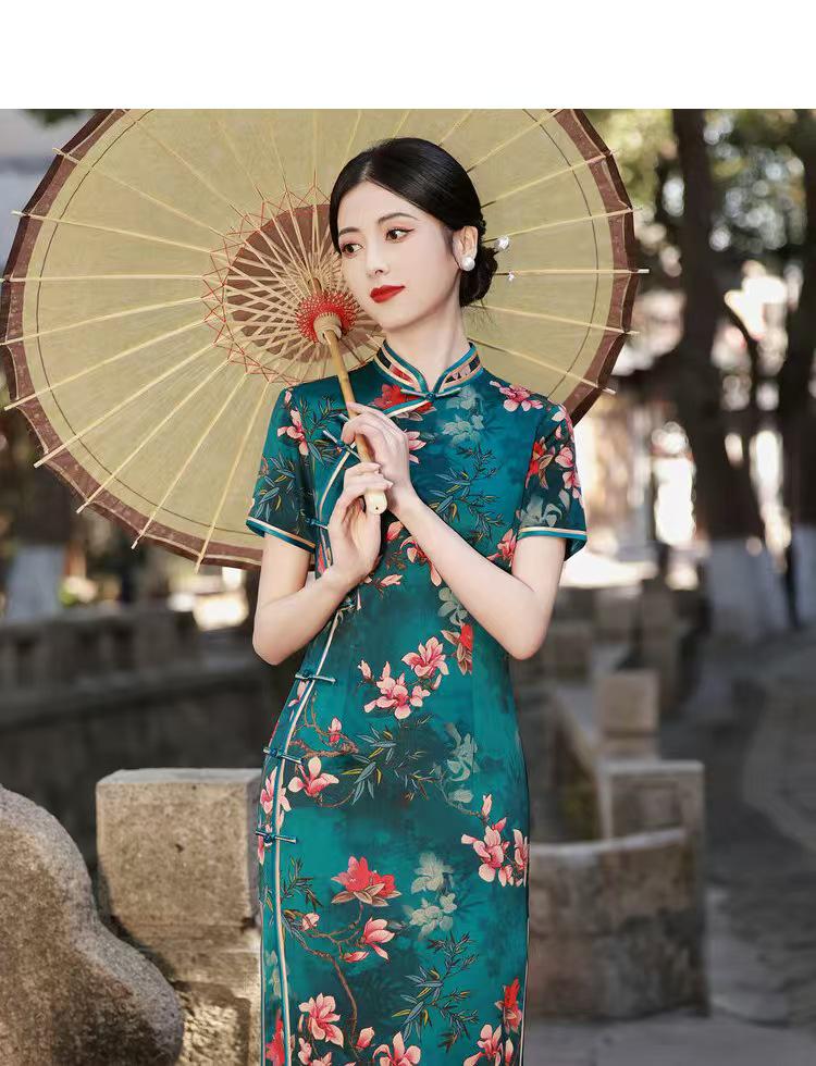 Women's Green Floral Silk Qipao Cheongsam Dress – Maxi – additional product view