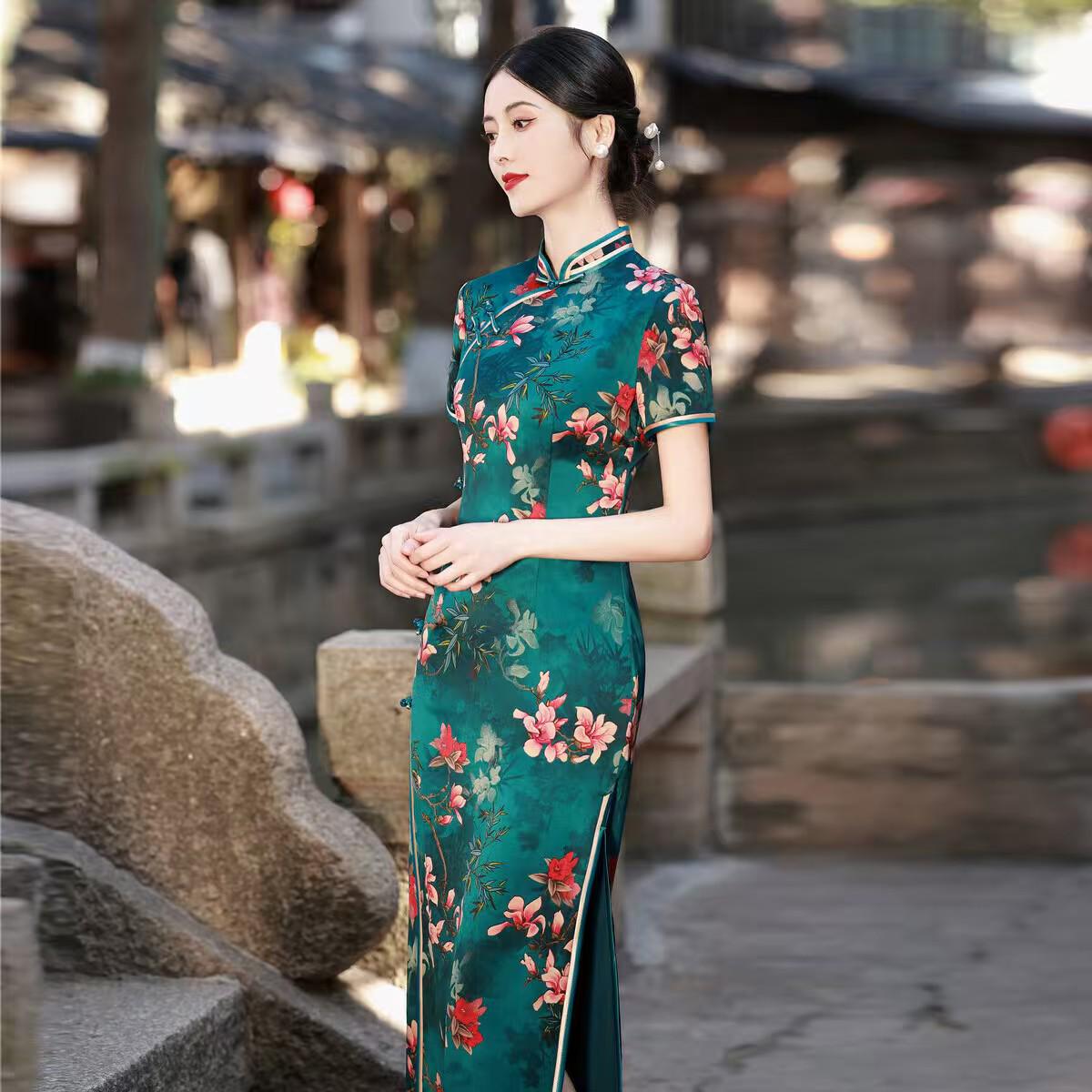 Women's Green Floral Silk Qipao Cheongsam Dress – Maxi – additional product view