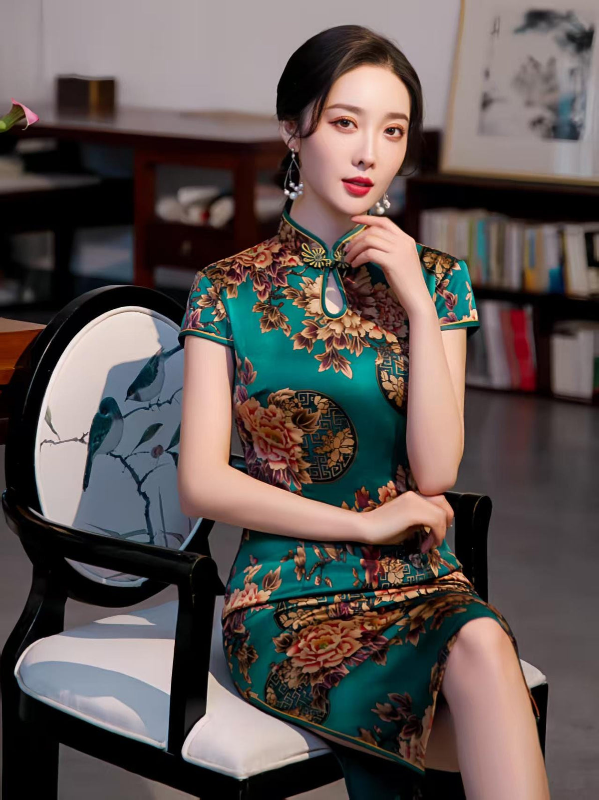 Women's Green Floral Qipao Cheongsam Dress – additional product view