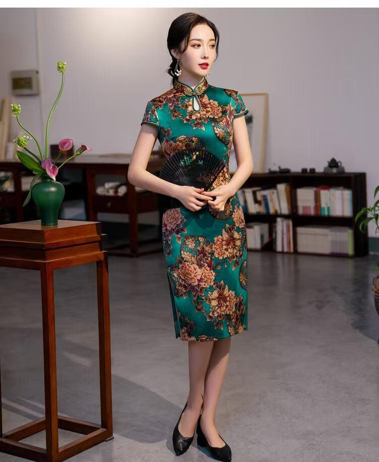 Women's Green Floral Qipao Cheongsam Dress – additional product view