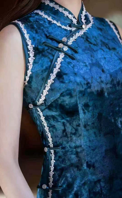 Women's Blue Elegant Velvet Qipao Cheongsam Dress – additional product view