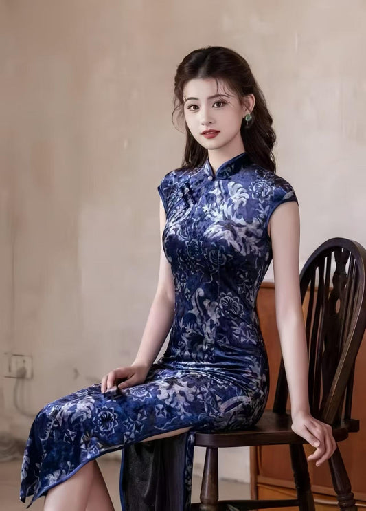 Women's Blue Elegant Velvet Qipao Cheongsam Dress