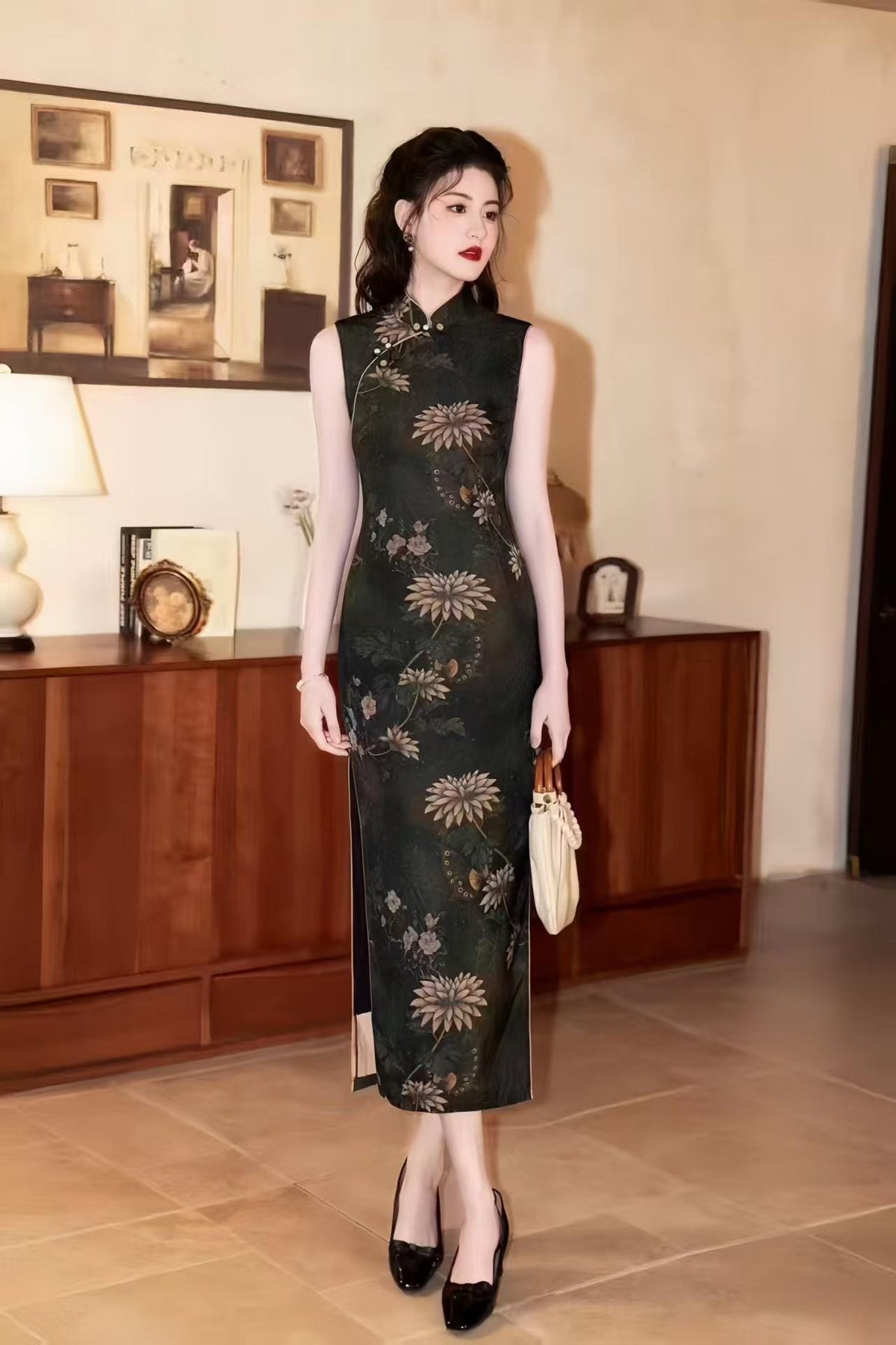 Women's Black Floral Qipao Cheongsam Dress – additional product view