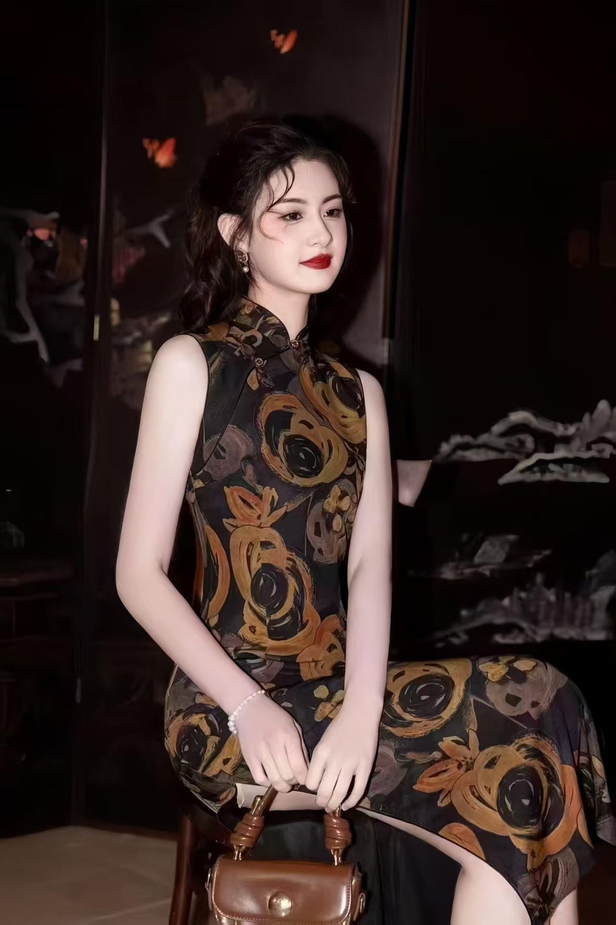 Women's Black Floral Qipao Cheongsam Dress – additional product view
