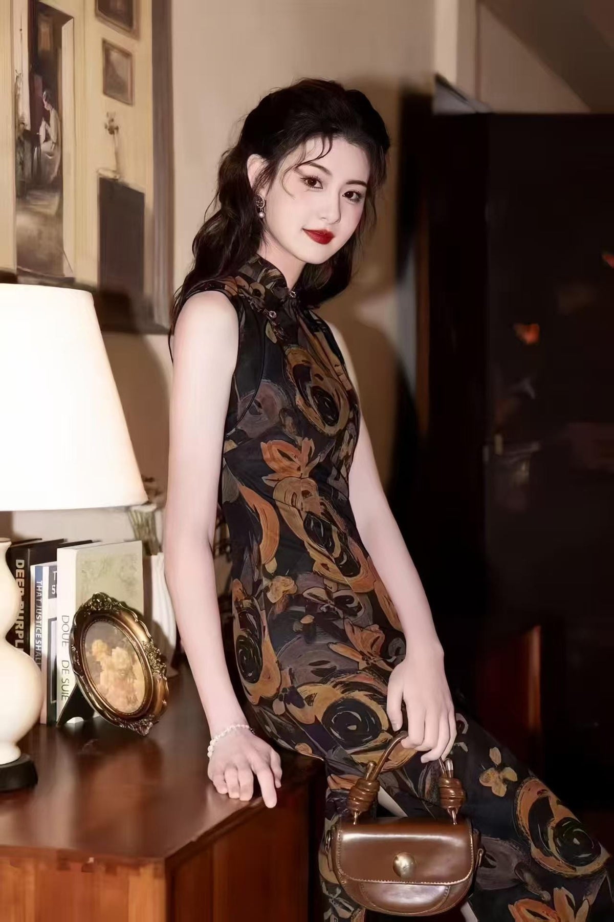 Women's Black Floral Qipao Cheongsam Dress – additional product view