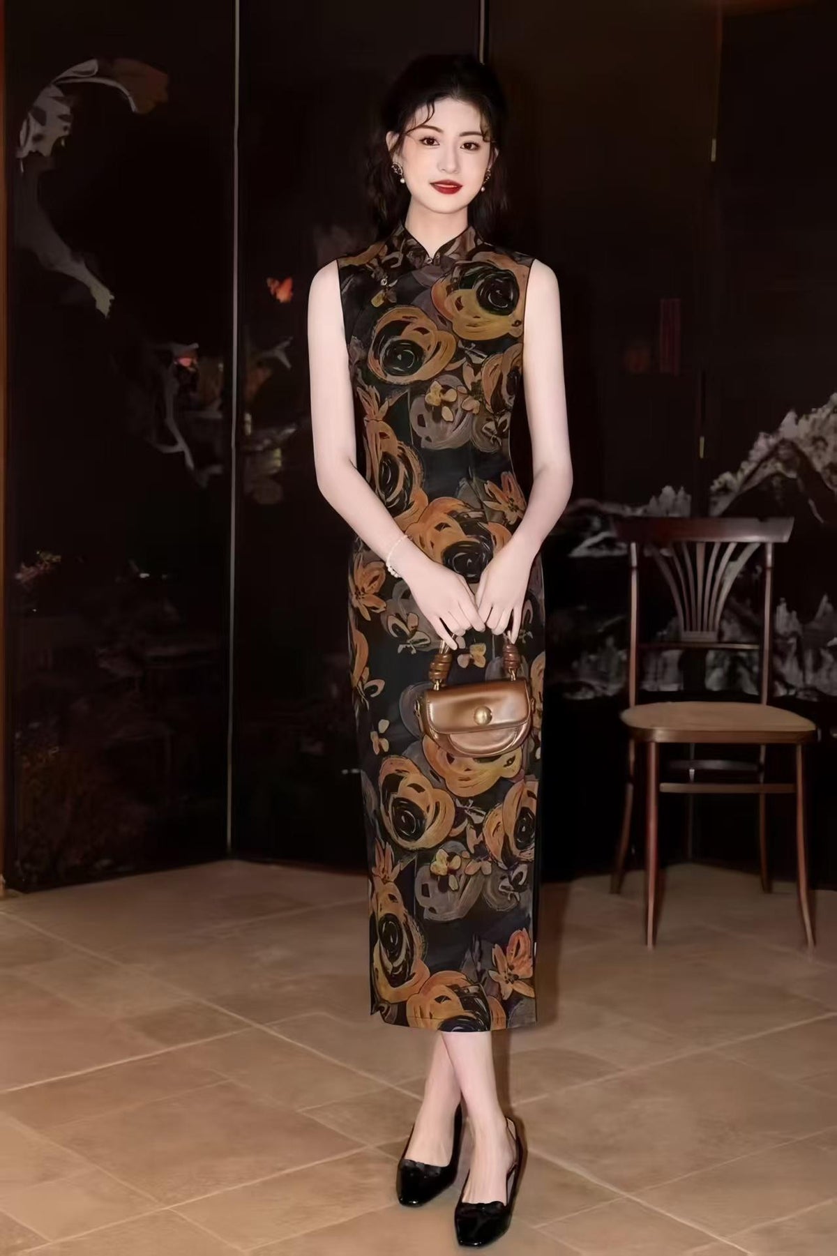 Women's Black Floral Qipao Cheongsam Dress – additional product view