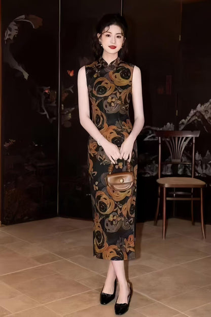 Women's Black Floral Qipao Cheongsam Dress – additional product view