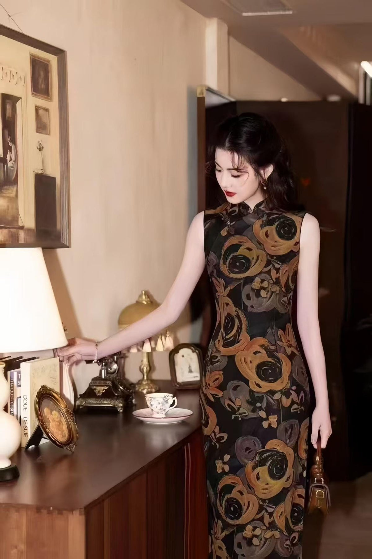 Women's Black Floral Qipao Cheongsam Dress – additional product view