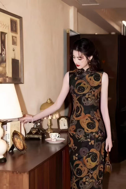 Women's Black Floral Qipao Cheongsam Dress – additional product view