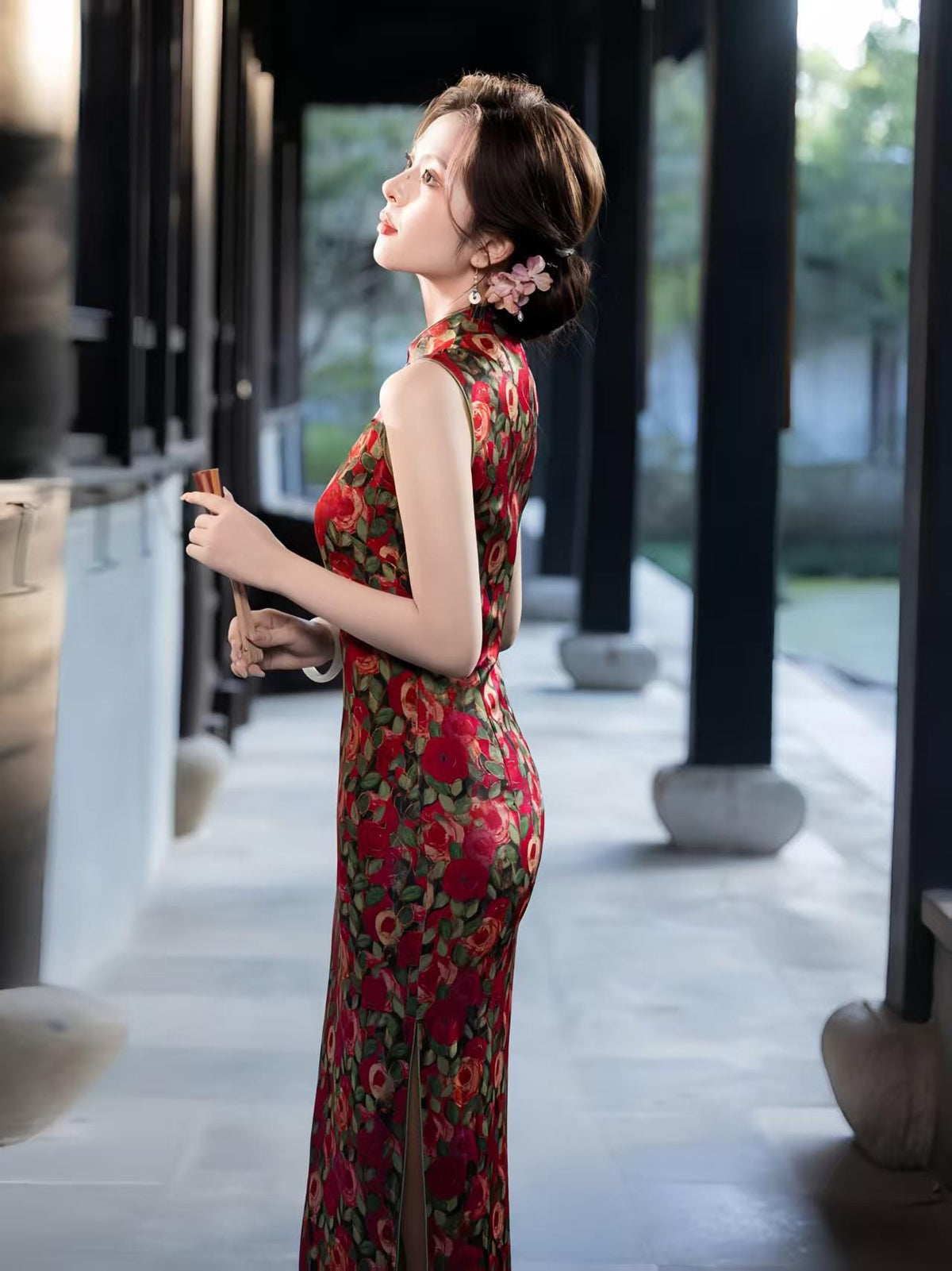 Women's Red Floral Qipao Cheongsam Dress – additional product view