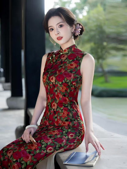Women's Red Floral Qipao Cheongsam Dress – additional product view