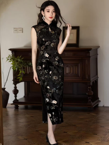 Women's Black Floral Velvet Qipao Cheongsam Dress – additional product view