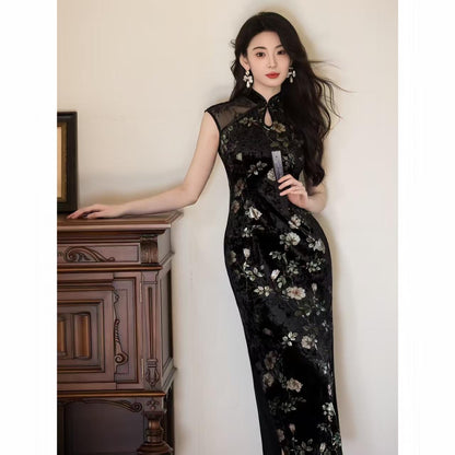 Women's Black Floral Velvet Qipao Cheongsam Dress – additional product view