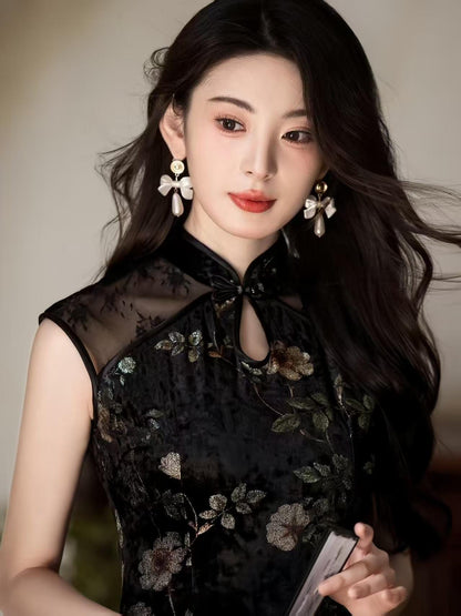 Women's Black Floral Velvet Qipao Cheongsam Dress – additional product view