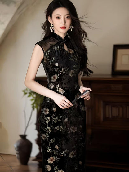 Women's Black Floral Velvet Qipao Cheongsam Dress – additional product view