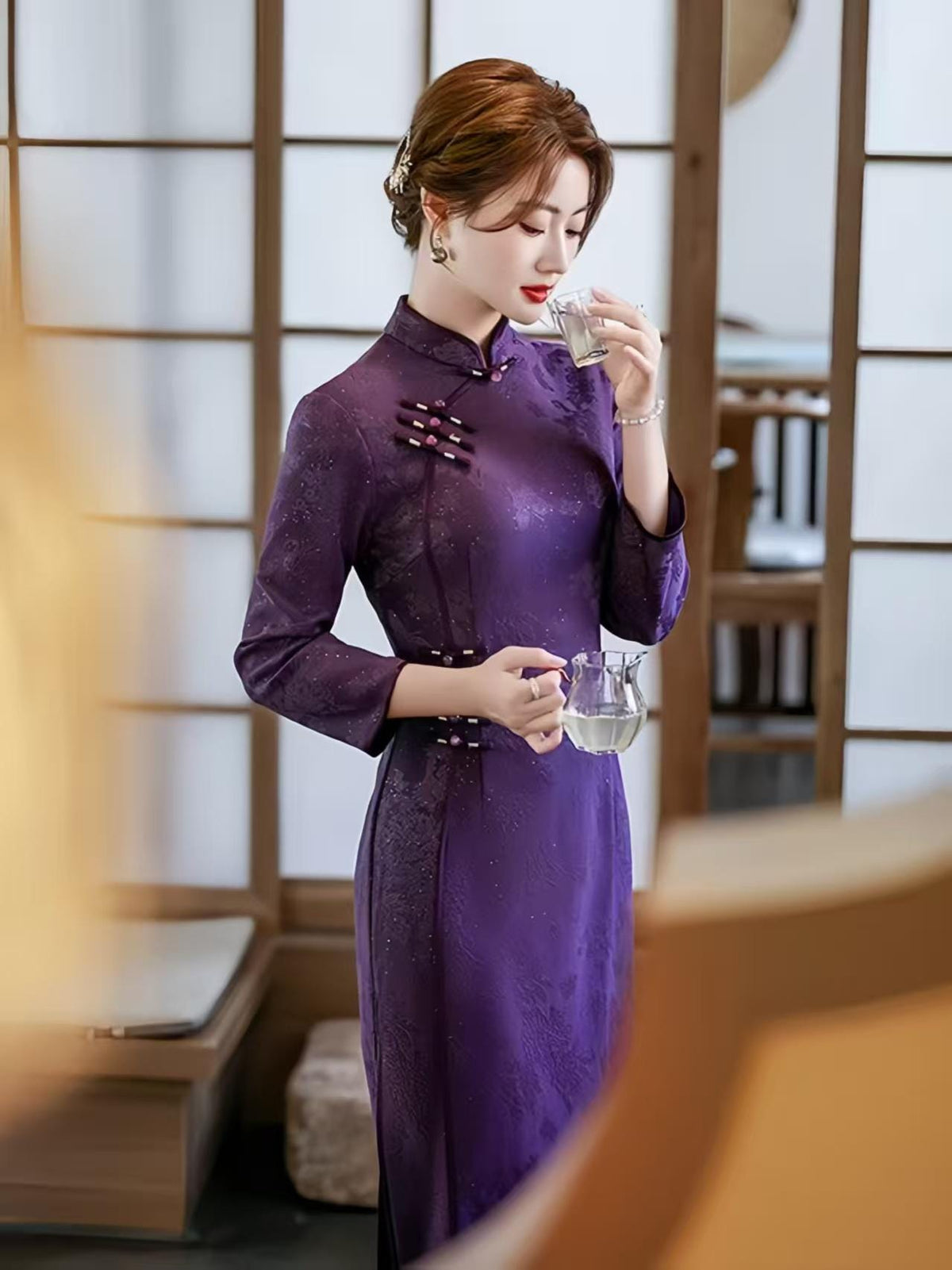 Women's Purple Vintage Qipao Cheongsam Dress – Long Mandarin Collar – additional product view