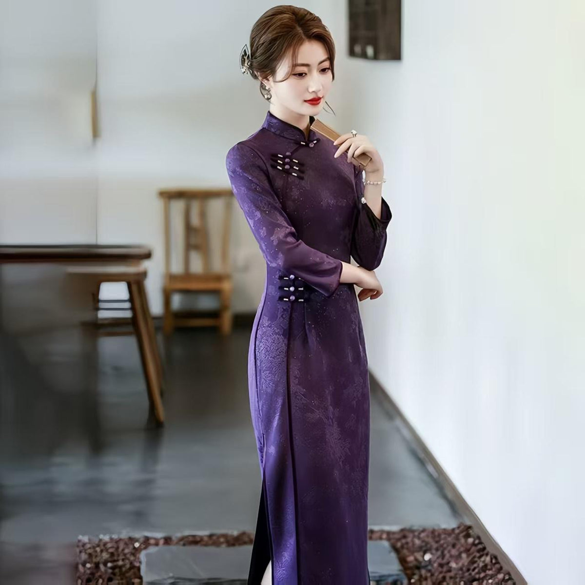Women's Purple Vintage Qipao Cheongsam Dress – Long Mandarin Collar – additional product view