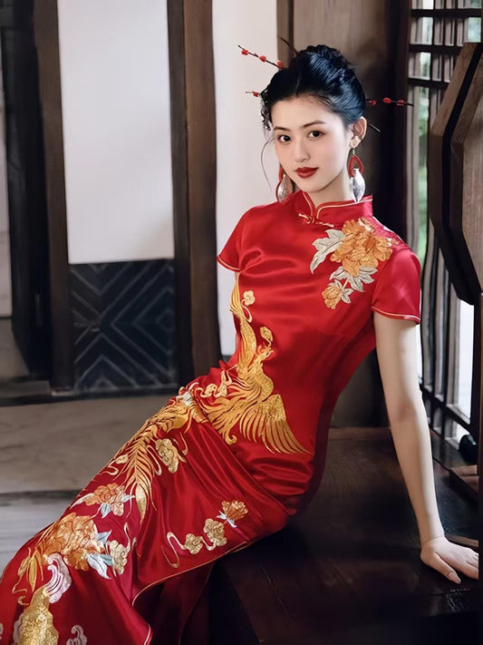 Women's Red Embroidered Satin Qipao Cheongsam Dress – Long – additional product view