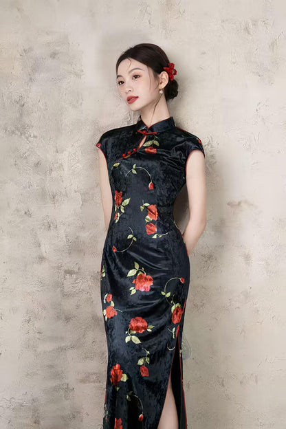 Women's Black Floral Velvet Qipao Cheongsam Dress – Fitted – additional product view