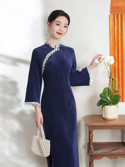 Women's Blue Floral Qipao Cheongsam Dress – Chenille Maxi Fitted – additional product view
