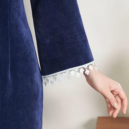 Women's Blue Floral Qipao Cheongsam Dress – Chenille Maxi Fitted – additional product view