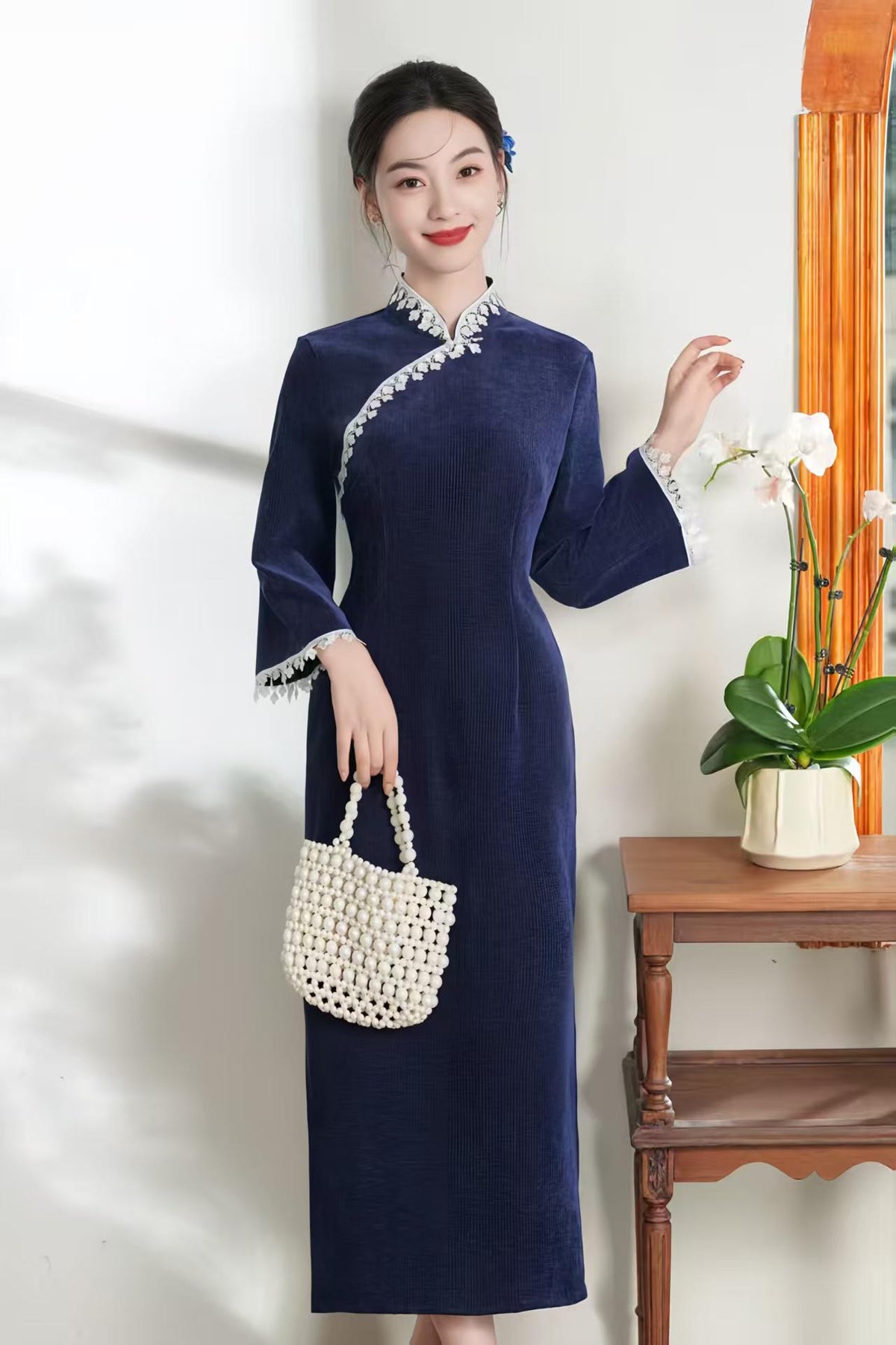 Women's Blue Floral Qipao Cheongsam Dress – Chenille Maxi Fitted – additional product view