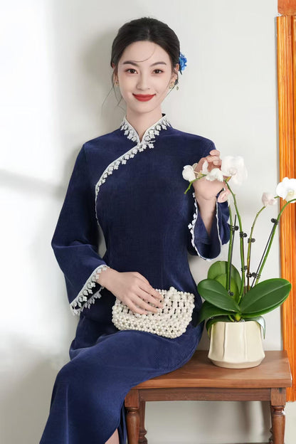 Women's Blue Floral Qipao Cheongsam Dress – Chenille Maxi Fitted – additional product view