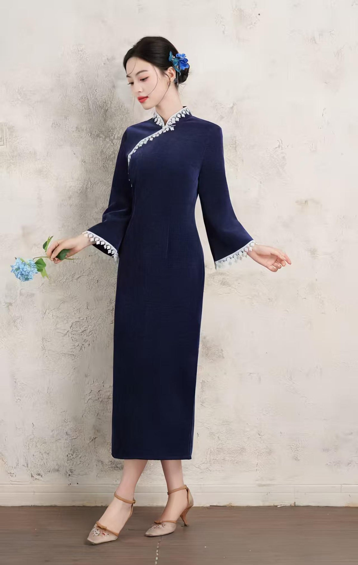 Women's Blue Floral Qipao Cheongsam Dress – Chenille Maxi Fitted – additional product view