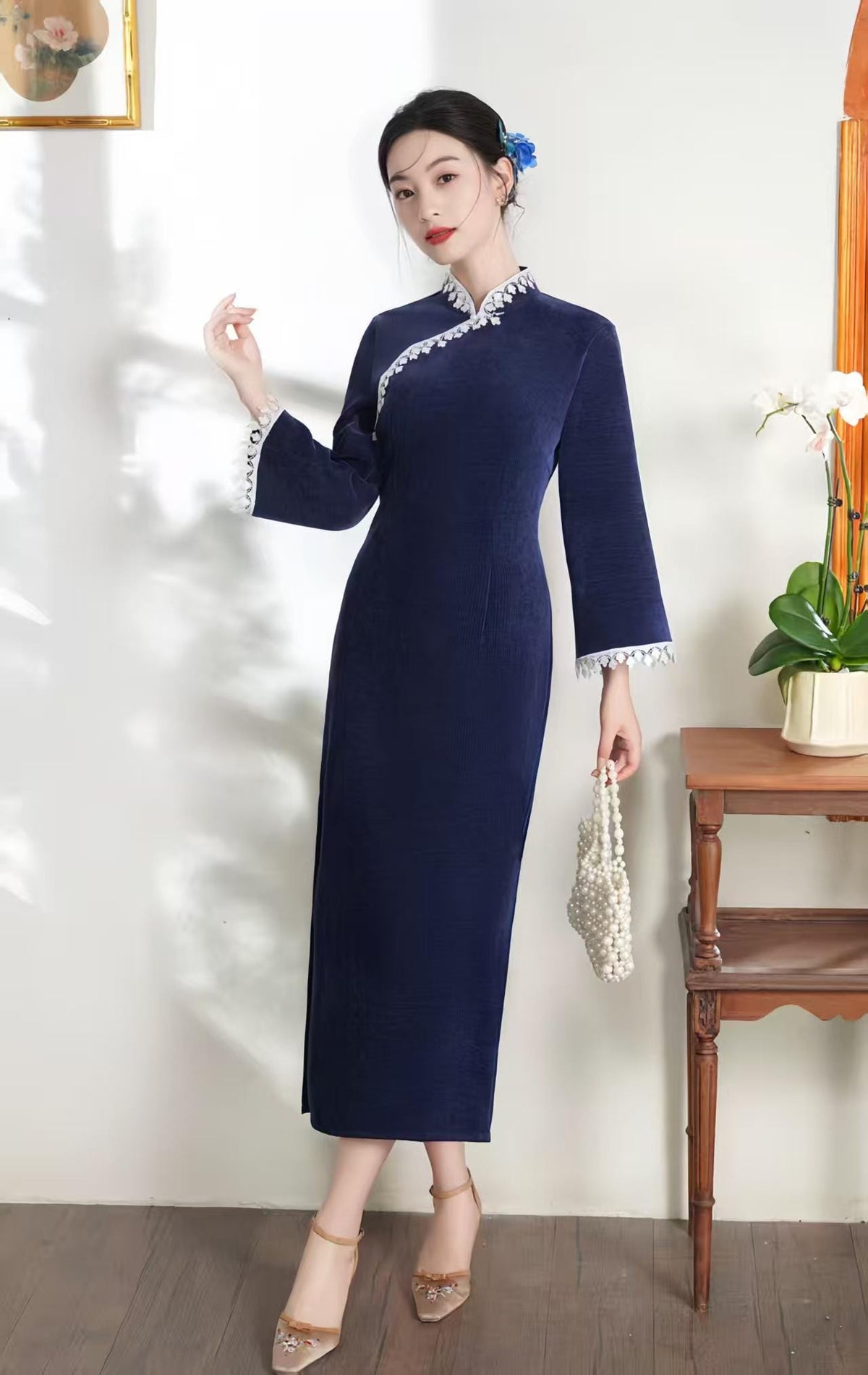 Women's Blue Floral Qipao Cheongsam Dress – Chenille Maxi Fitted – additional product view