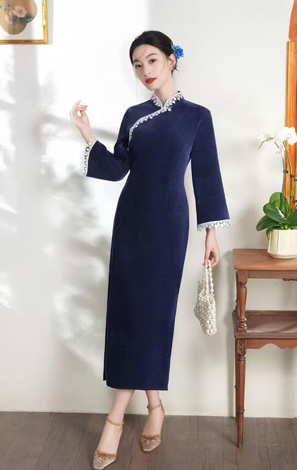 Women's Blue Floral Qipao Cheongsam Dress – Chenille Maxi Fitted – additional product view