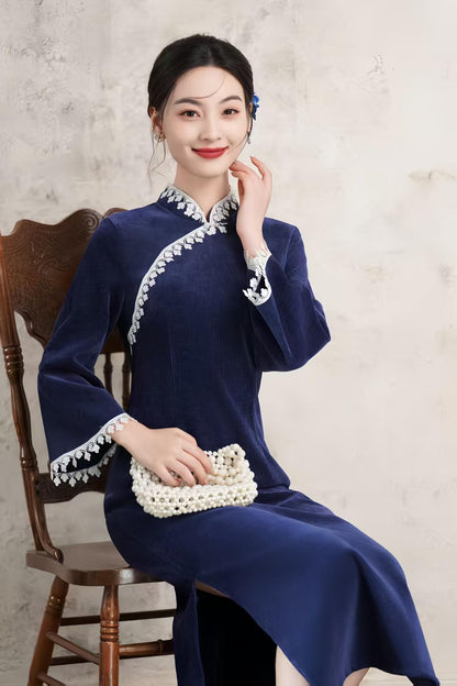 Women's Blue Floral Qipao Cheongsam Dress – Chenille Maxi Fitted