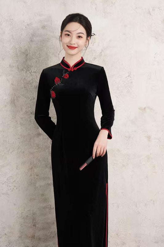Women's Red Floral Velvet Qipao Cheongsam Dress