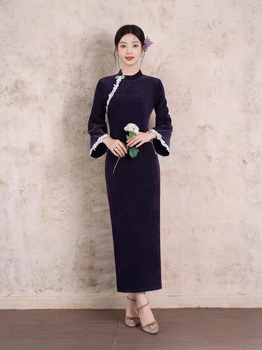 Women's Purple Floral Lace Qipao Cheongsam Dress – additional product view