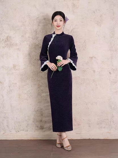Women's Purple Floral Lace Qipao Cheongsam Dress – additional product view