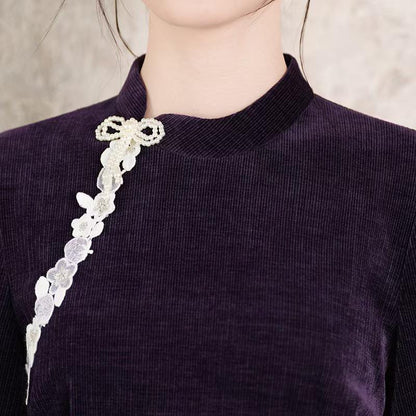 Women's Purple Floral Lace Qipao Cheongsam Dress – additional product view