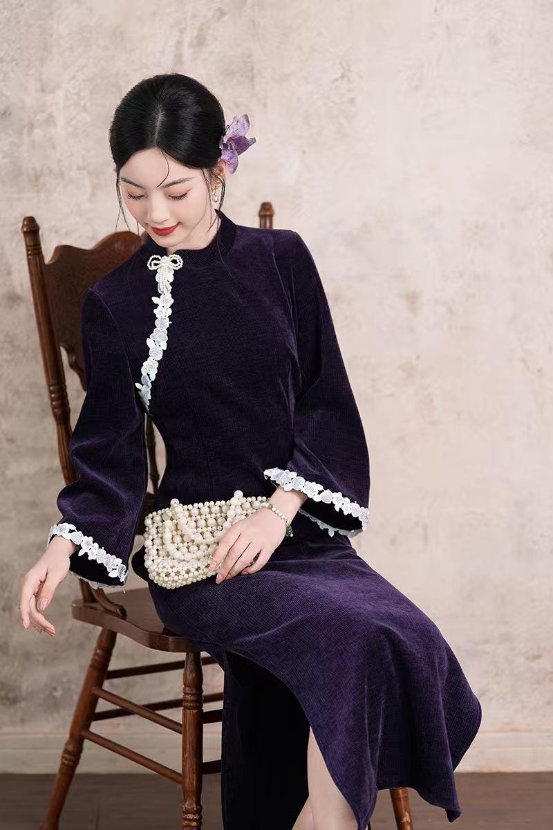 Women's Purple Floral Lace Qipao Cheongsam Dress – additional product view
