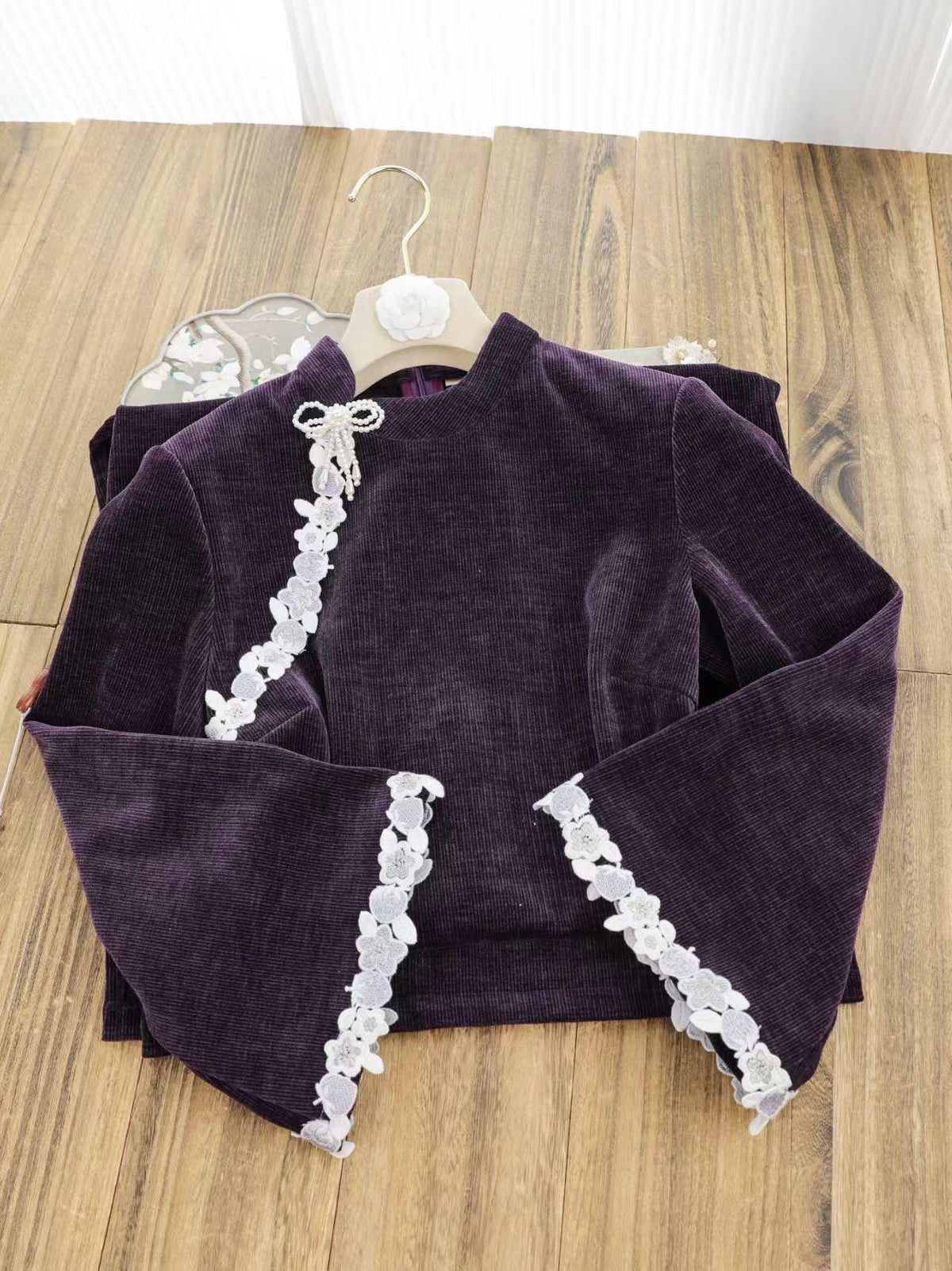 Women's Purple Floral Lace Qipao Cheongsam Dress – additional product view