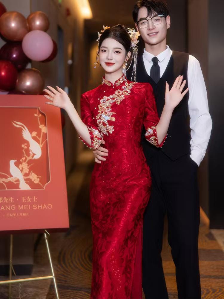 Women's Red Embroidered Satin Qipao Cheongsam Dress – additional product view