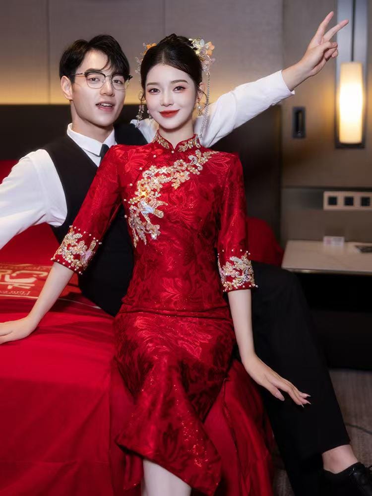 Women's Red Embroidered Satin Qipao Cheongsam Dress – additional product view