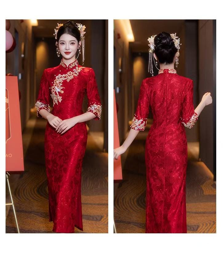 Women's Red Embroidered Satin Qipao Cheongsam Dress – additional product view
