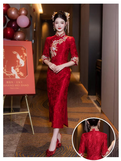 Women's Red Embroidered Satin Qipao Cheongsam Dress – additional product view
