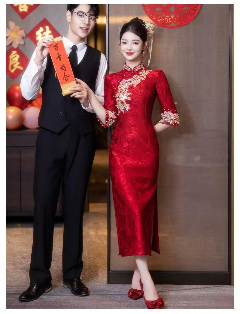 Women's Red Embroidered Satin Qipao Cheongsam Dress – additional product view