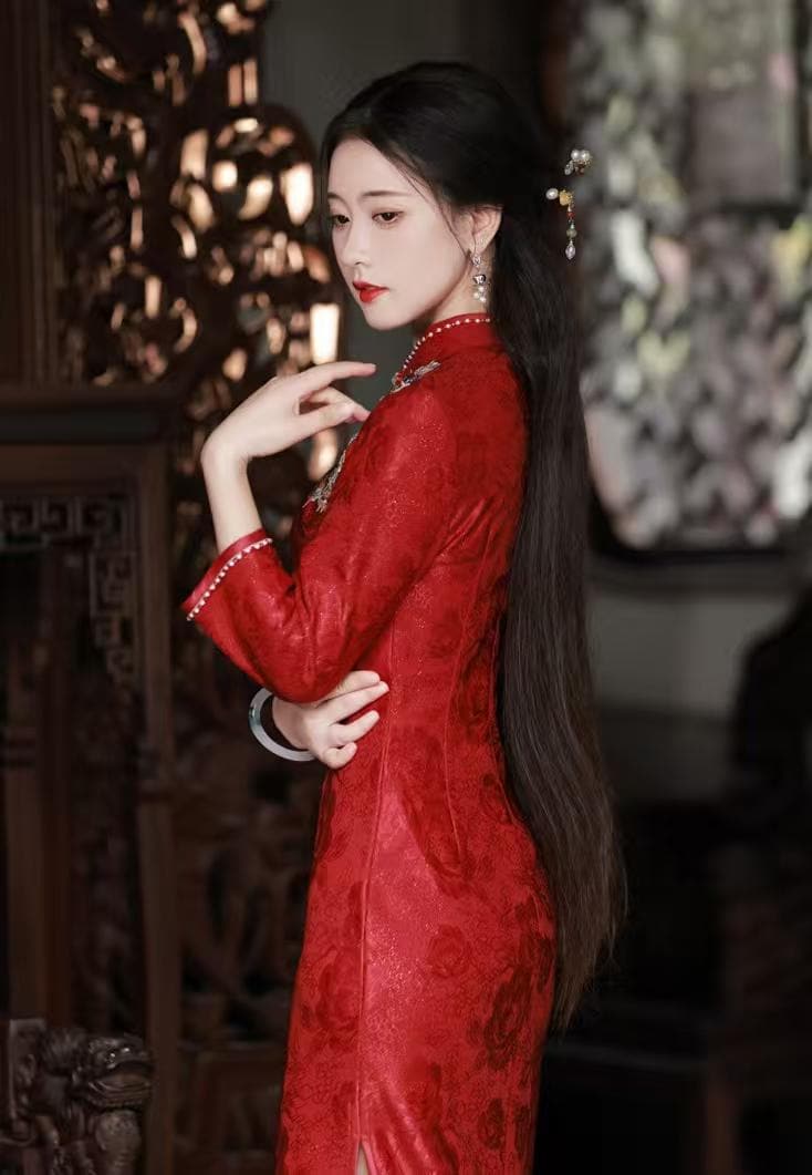 Women's Red Floral Qipao Cheongsam Dress – Jacquard Phoenix – additional product view