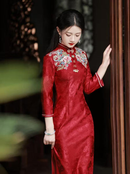 Women's Red Floral Qipao Cheongsam Dress – Jacquard Phoenix – additional product view