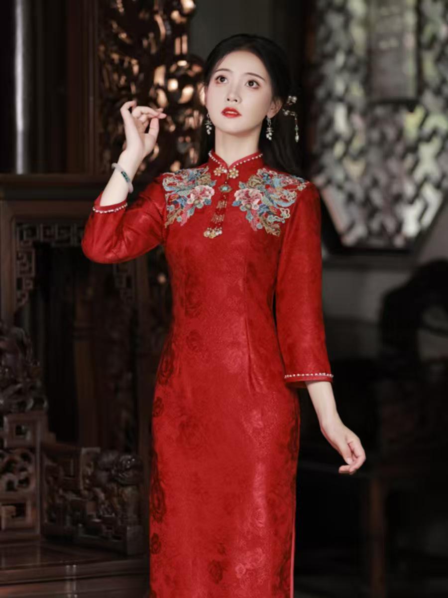 Women's Red Floral Qipao Cheongsam Dress – Jacquard Phoenix – additional product view