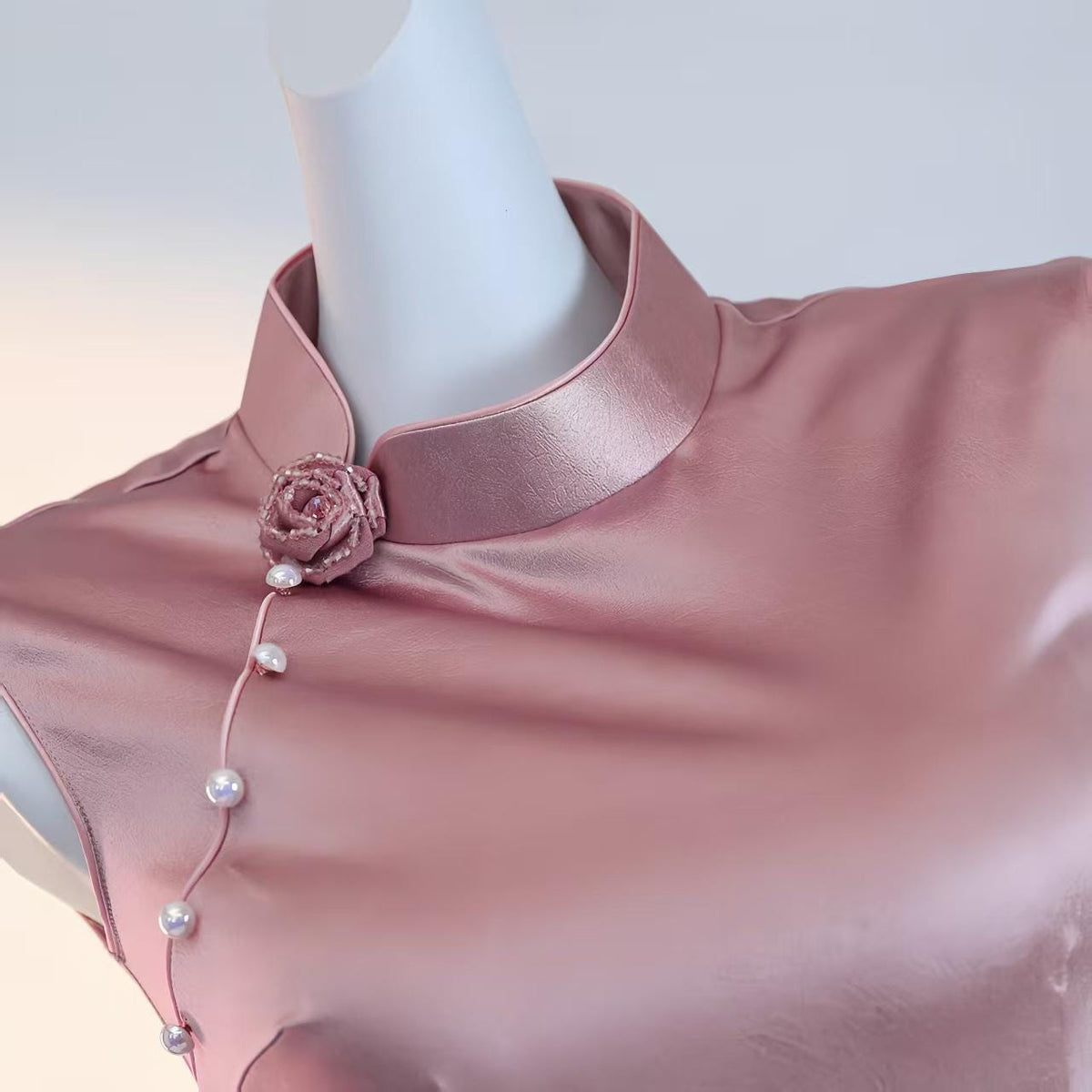 Women's Pink Elegant Satin Qipao Cheongsam Dress – additional product view