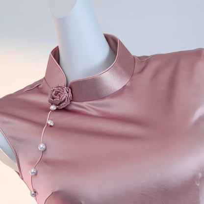 Women's Pink Elegant Satin Qipao Cheongsam Dress – additional product view